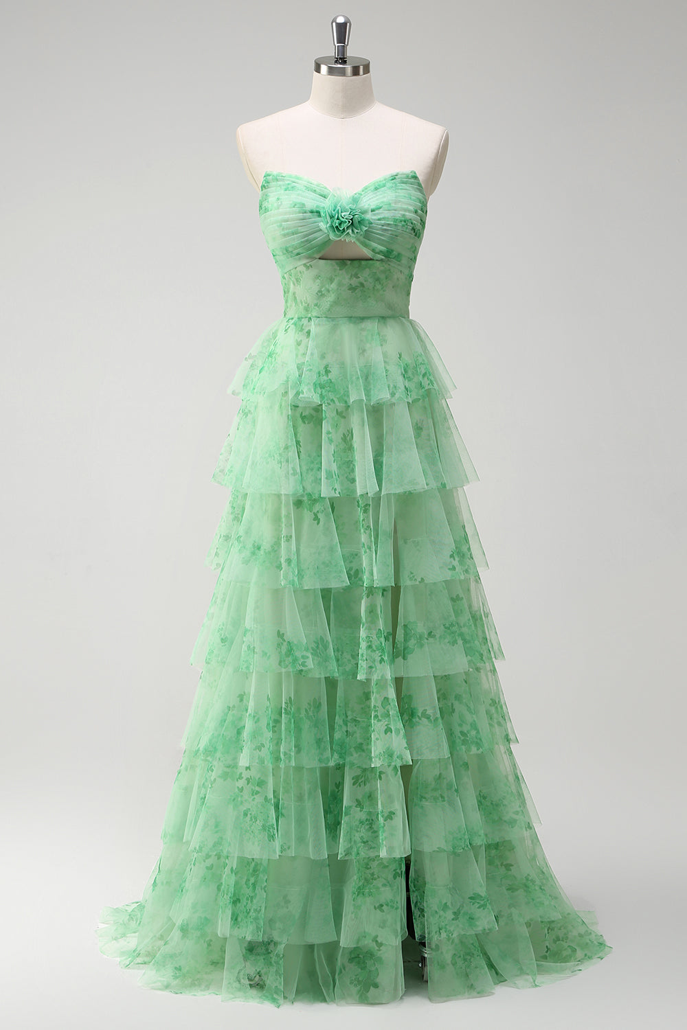 Floral Green A Line Strapless Ruffles Long Prom Dress with Slit