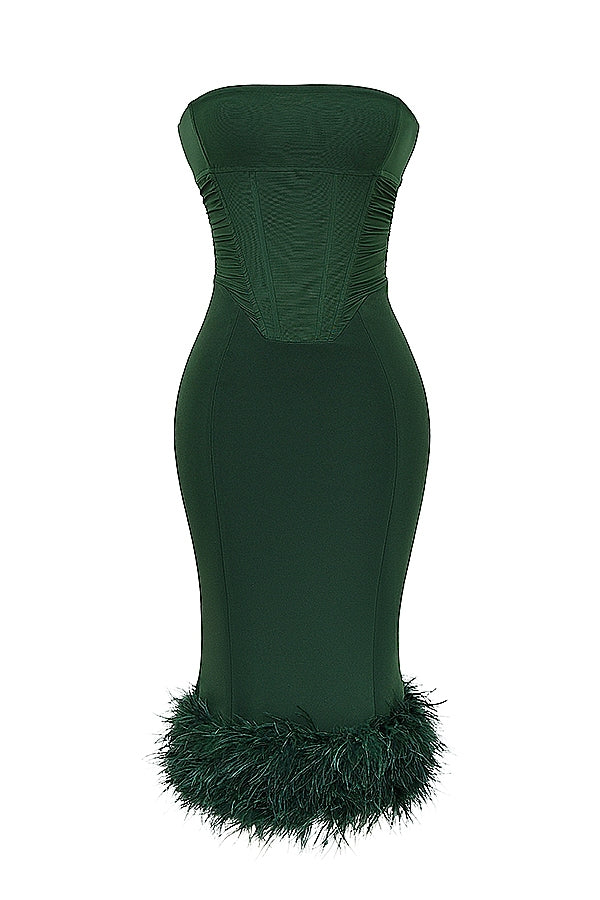 Strapless Corset Bodice Feather Trim Hem Bodycon Midi Dress 10