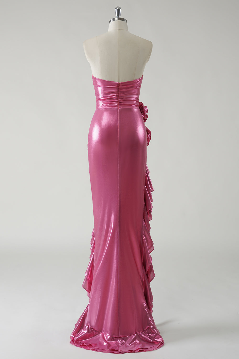 Sparkly Fuchsia Metallic Strapless Prom Dress with Slit