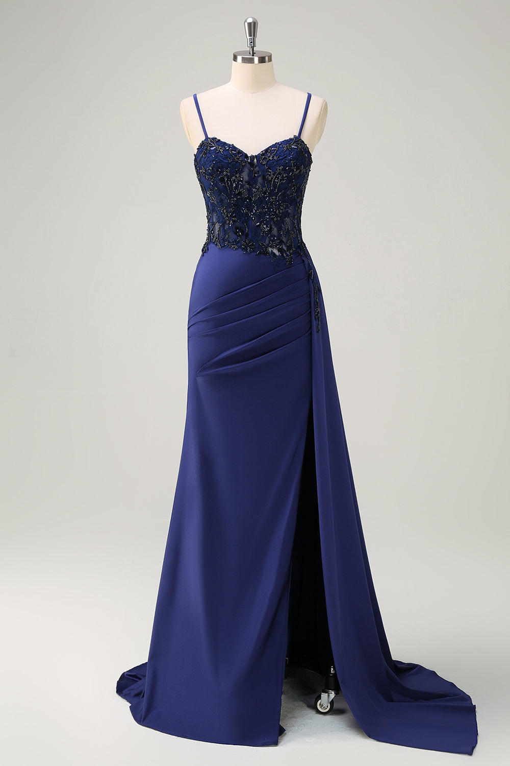 Navy Blue Mermaid Spaghetti Straps Ruched Streamer Long Prom Dress with Lace
