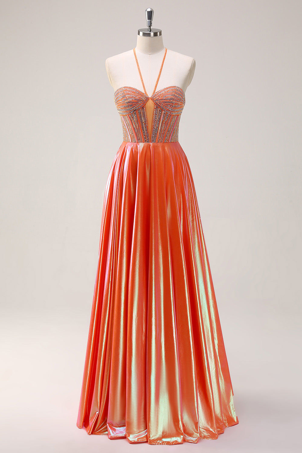 Sparkly Orange A-Line Halter Metallic Long Prom Dress with Beading