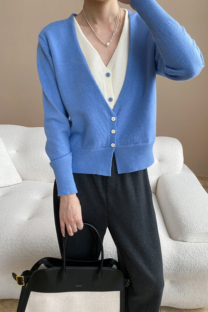 V-Neck Long Sleeve Two Tone Layered Look Button Front Knit Cardigan 15