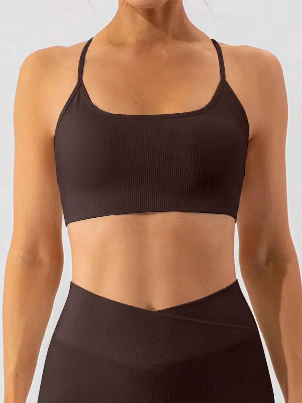 Ribbed Scoop Neck Spaghetti Strap Cropped Sports Bra Top 5