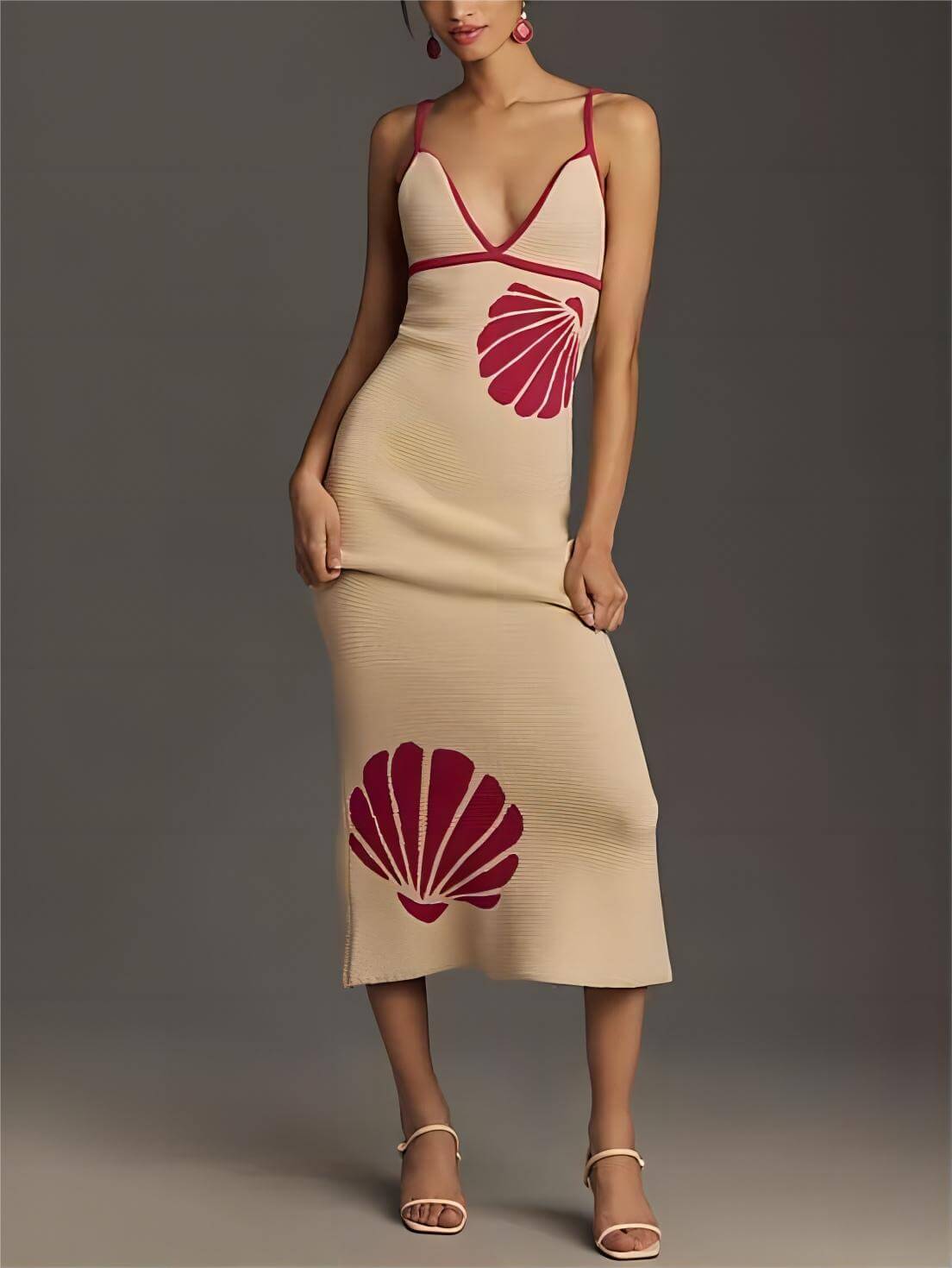 Knitted Suspender Halterneck V-Neck Graceful Backless Sexy Midi Dress Apricot / S Dresses