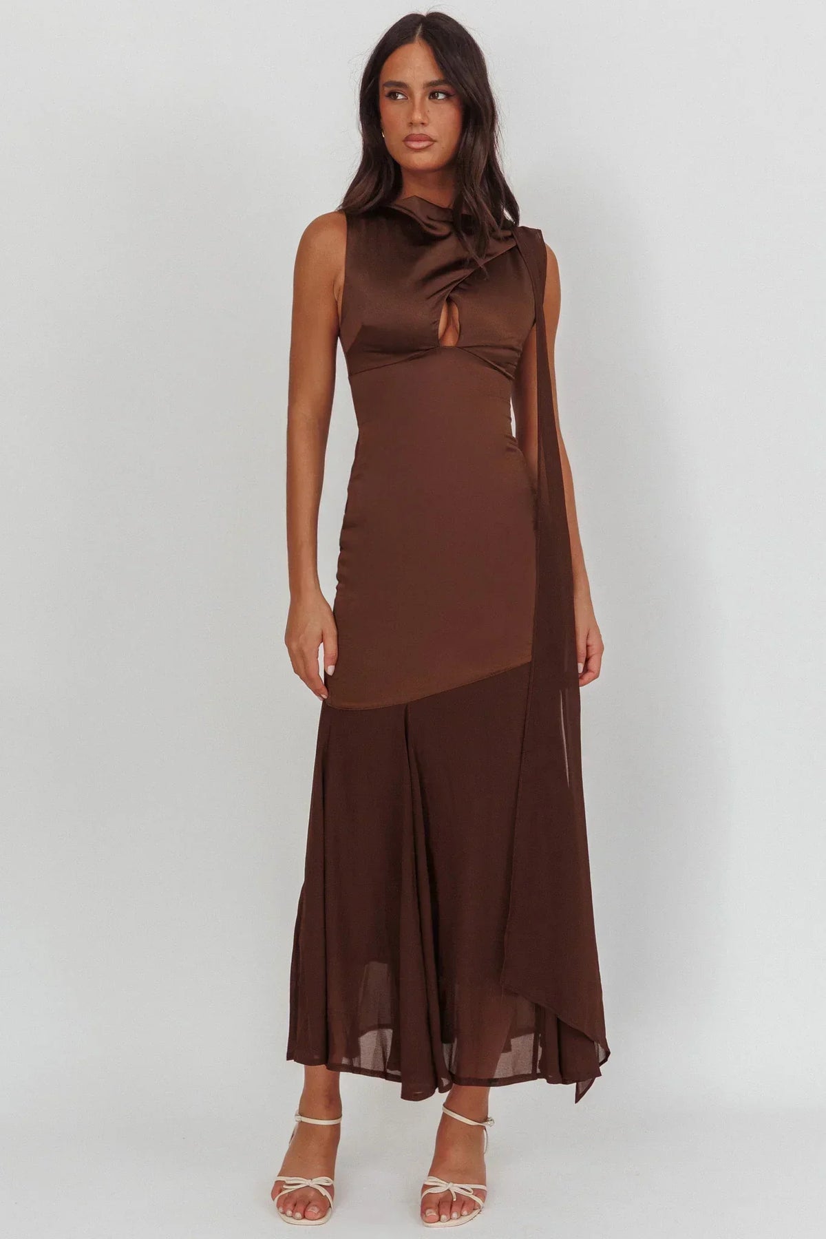 Satin Mock Neck Keyhole Bust Sleeveless Chiffon Mermaid Hem Maxi Dress 3