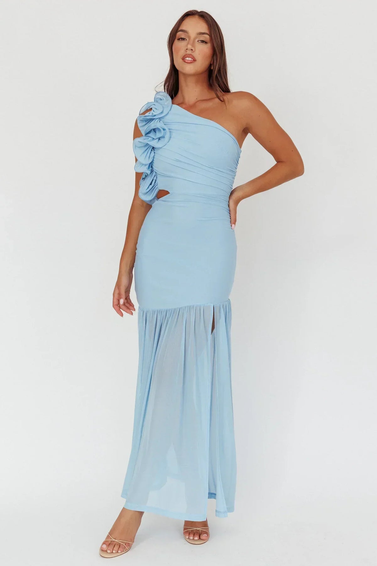 One Shoulder Rosette Ruffle Cut Out Sheer Mesh Hem Maxi Dress