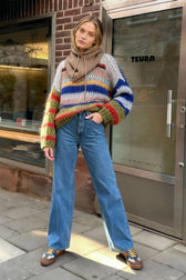 Fashion Contrasting O Neck Hollow Out Knitted Pullover Women Long Sleeve Loose Sweater