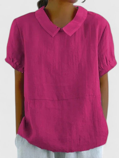 Contrast Collar Short Sleeve Linen Look Top