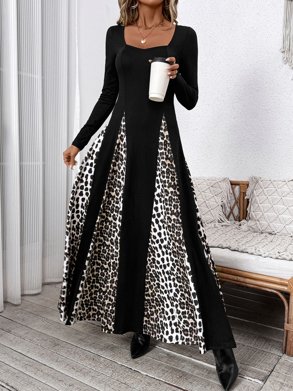 Leopard Print Godet Panel Square Neck Long Sleeve Flowy Maxi Dress 5