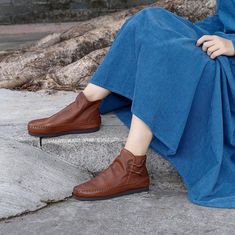 Retro Handmade Leather Ankle Booties For Women Low Heel Winter Casual Boots Yellow/Brown/Coffee
