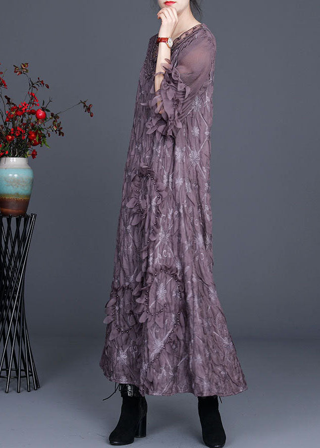 Embroidered Lace Trim V-Neck Leaf Appliqué Long Sleeve Crinkled Maxi Dress