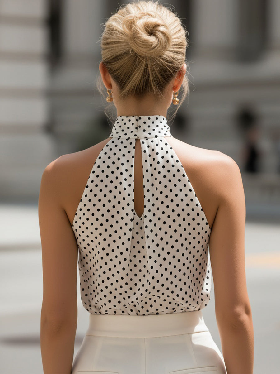 Polka Dot Halter Neck Keyhole Sleeveless Top