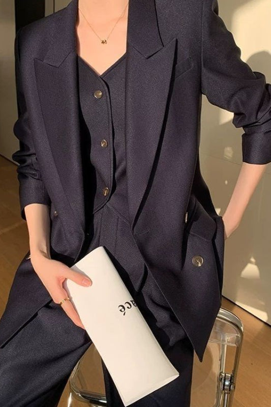 Double Breasted Blazer Button Front Vest and Trousers Three Piece Set