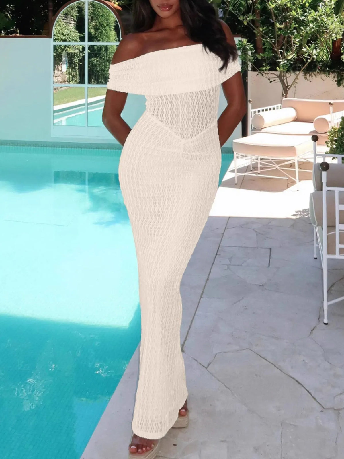 Textured Knit Off Shoulder Fold Over Bodycon Maxi Dress 5