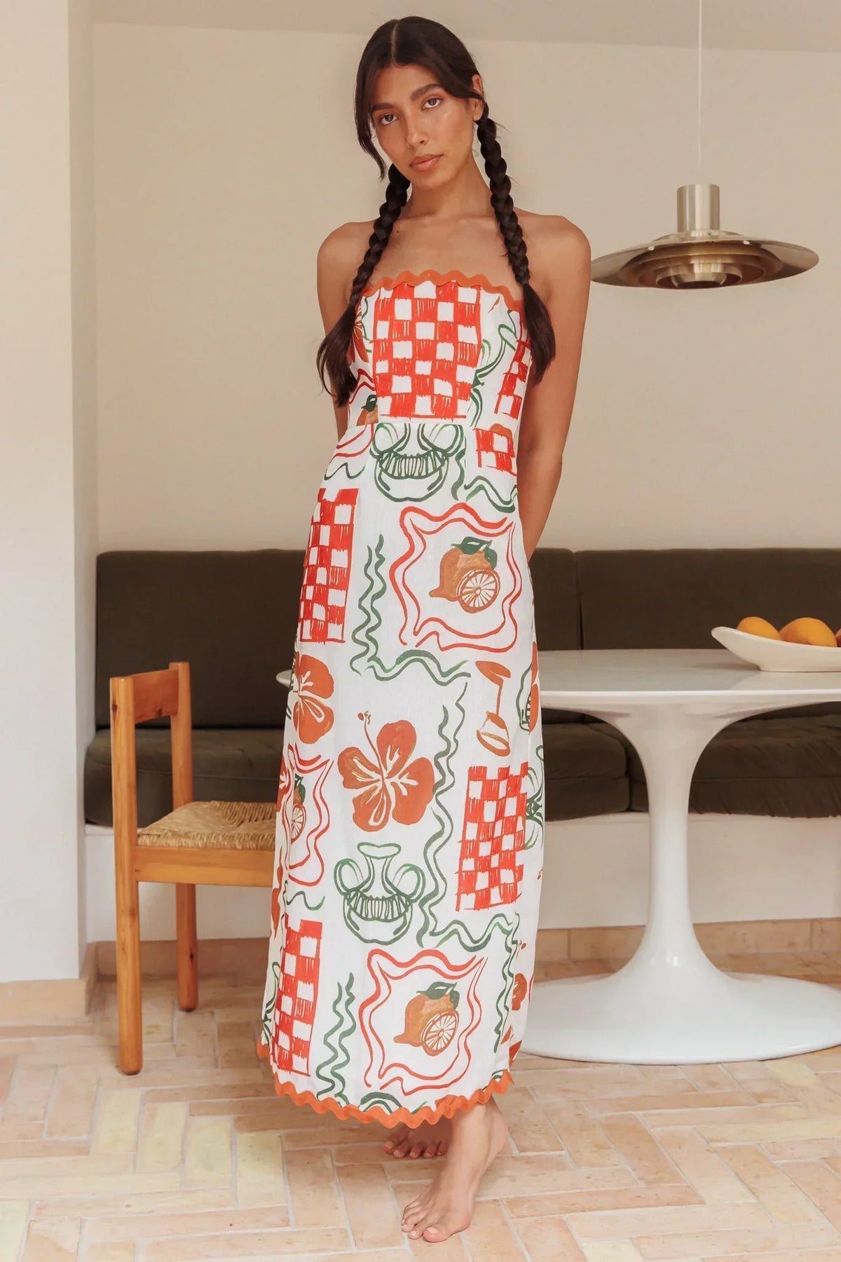 Graphic Print Ric Rac Trim Strapless Midi Dress 6