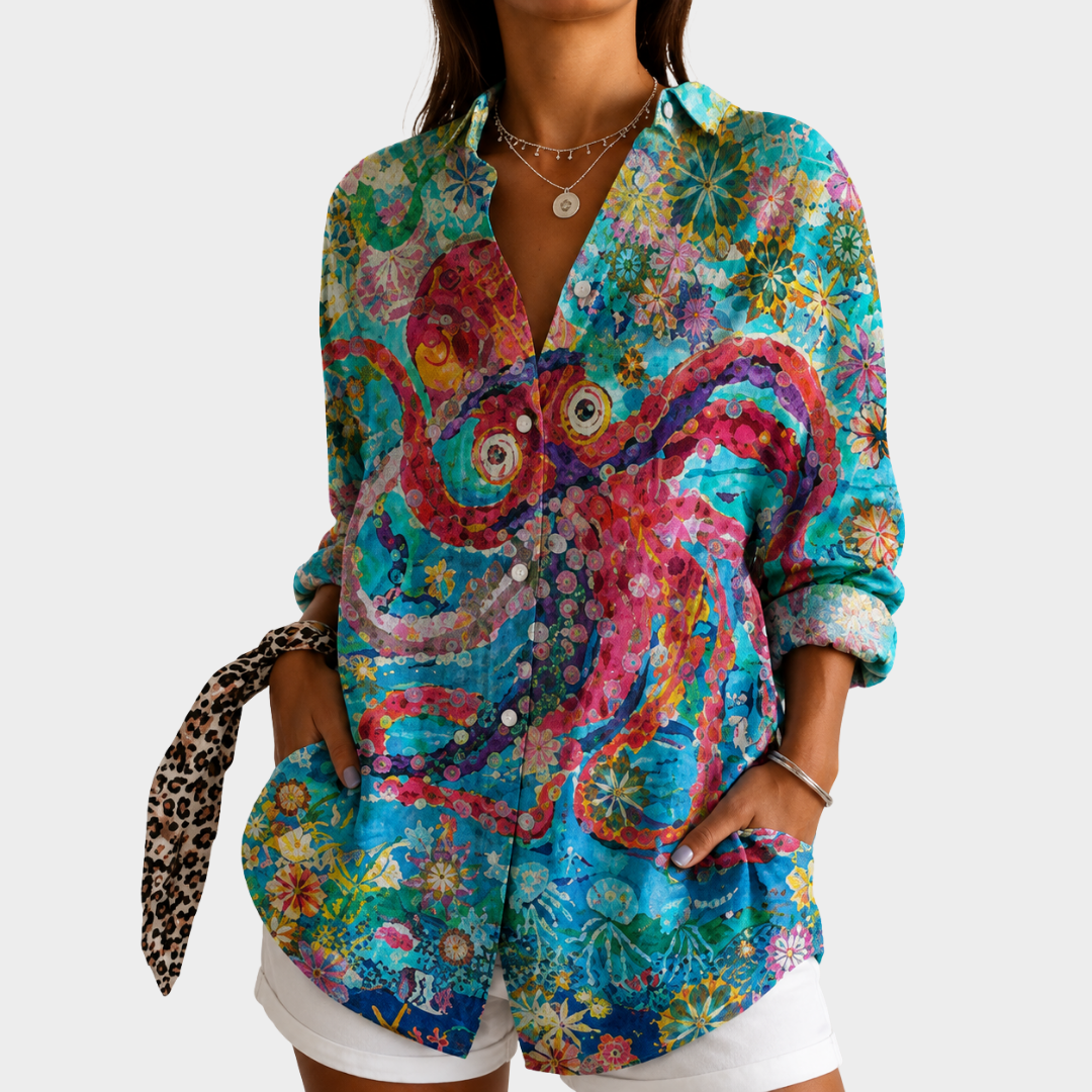 Octopus Print Long Sleeve Button Front Shirt