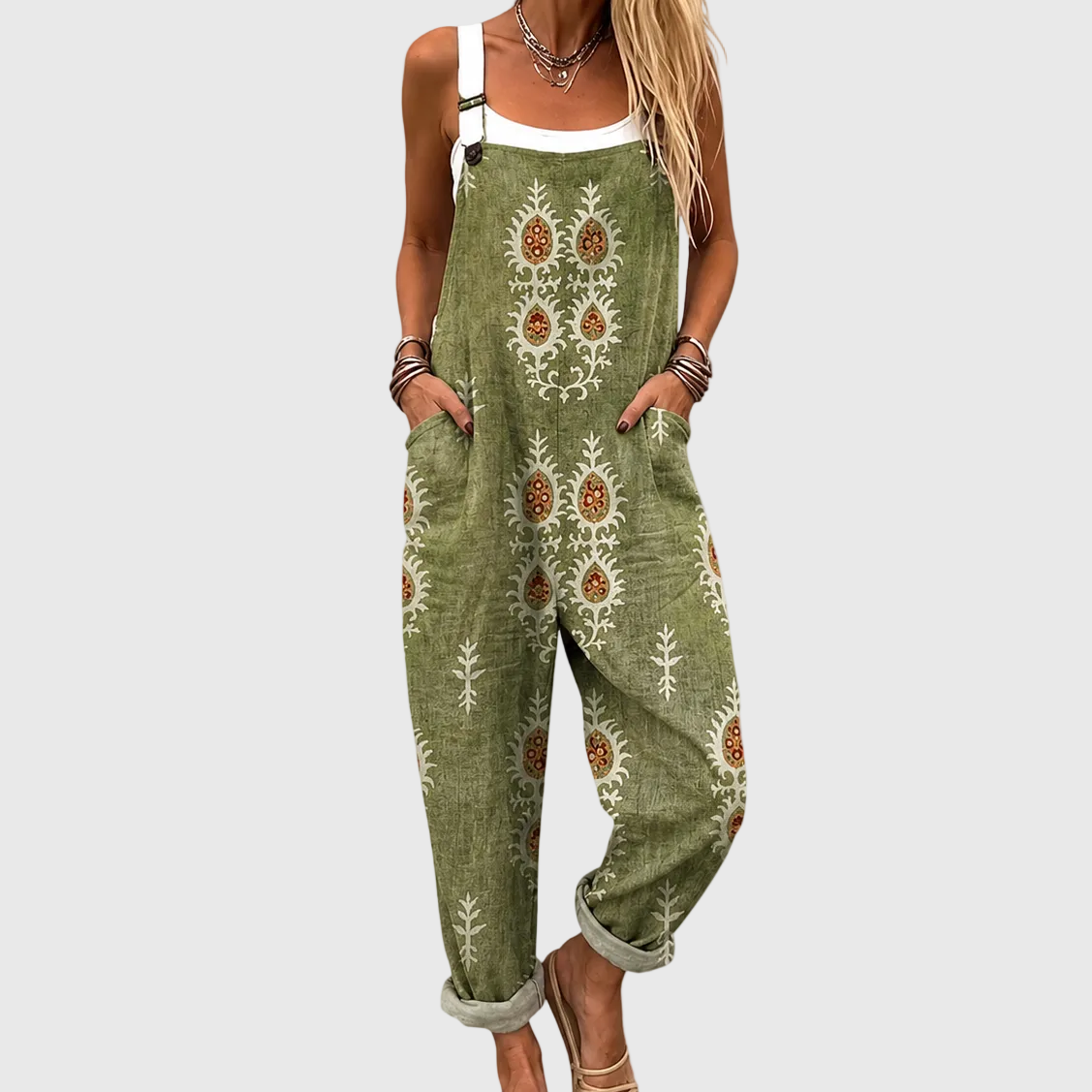 Medallion Print Wide Leg Overall Jumpsuit