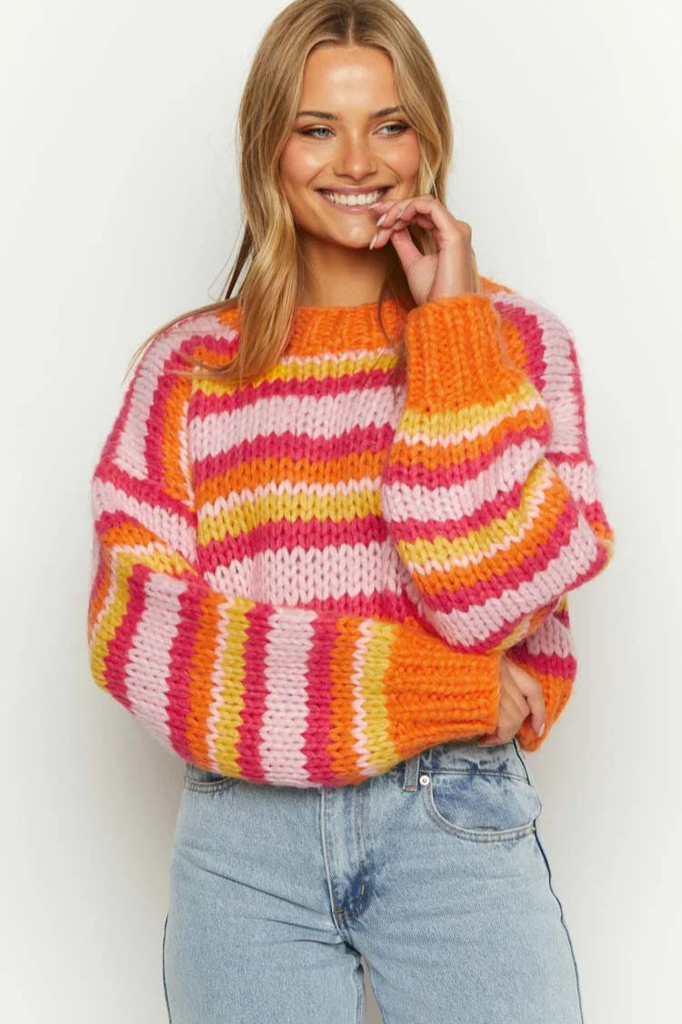 Striped Chunky Knit Crew Neck Long Sleeve Cropped Sweater 5