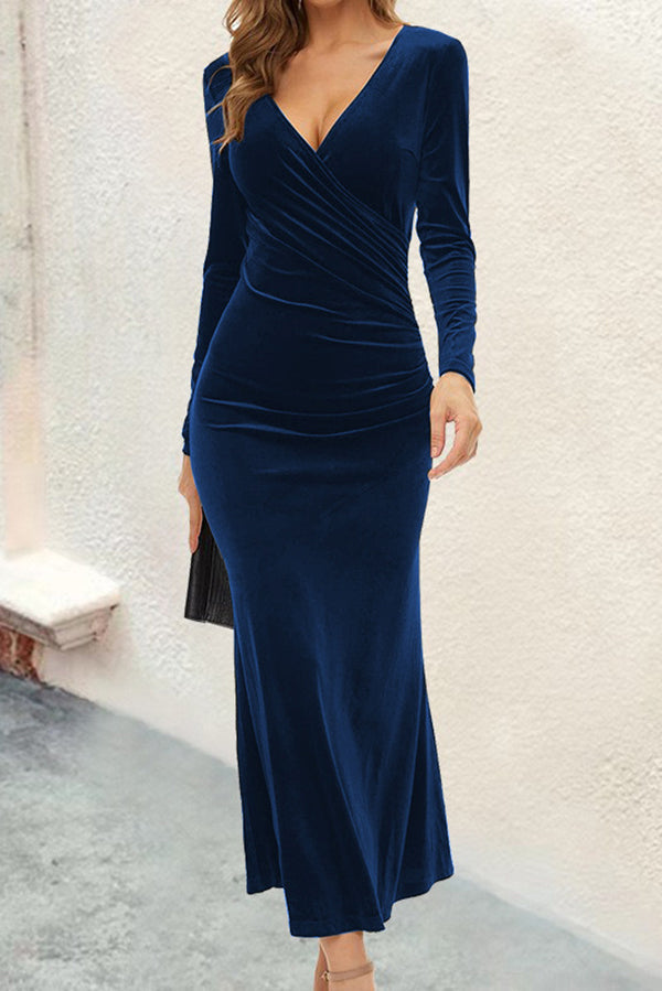 Solid Color Velvet Long Sleeve V-neck Slim Fit Fishtail Maxi Dress - View 5