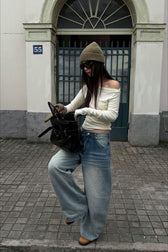 Light Wash Whisker Fleece Lined Wide Leg Loose Jeans