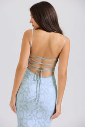 Strapless Lace Backless Waist Tie Maxi Lace Dress