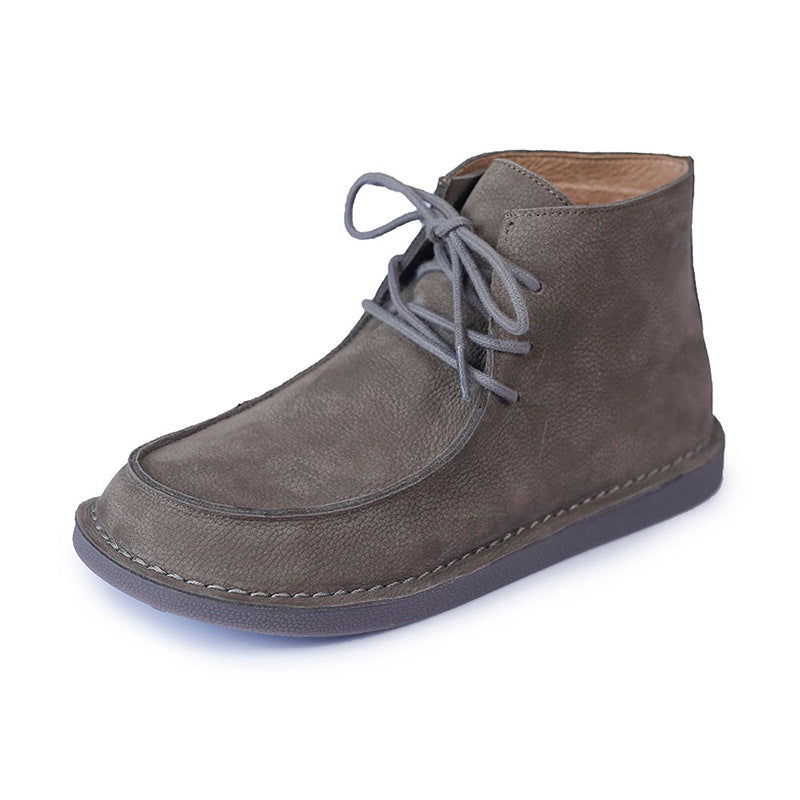 Genuine Leather Soft Flat Boots For Women Round Toe Lace Up Mori Girl Style Wide Fit Grey/Coffee