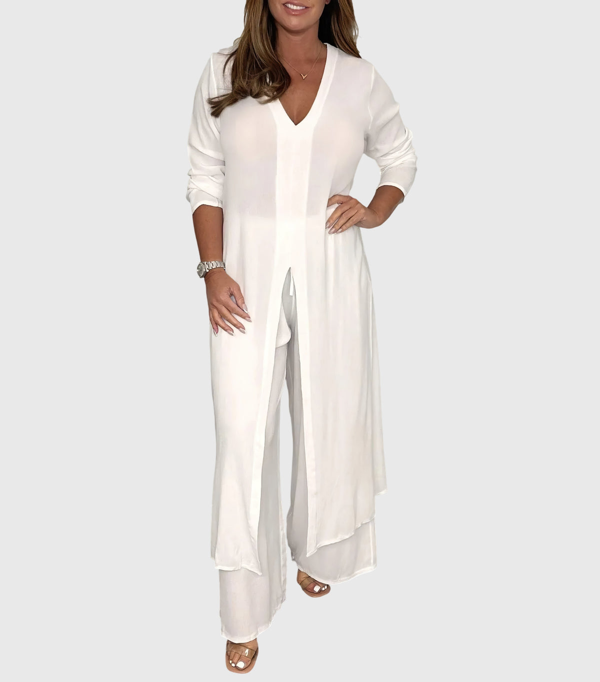 Long Sleeve Side Slit Longline Top and Wide Leg Pants Two Piece Set