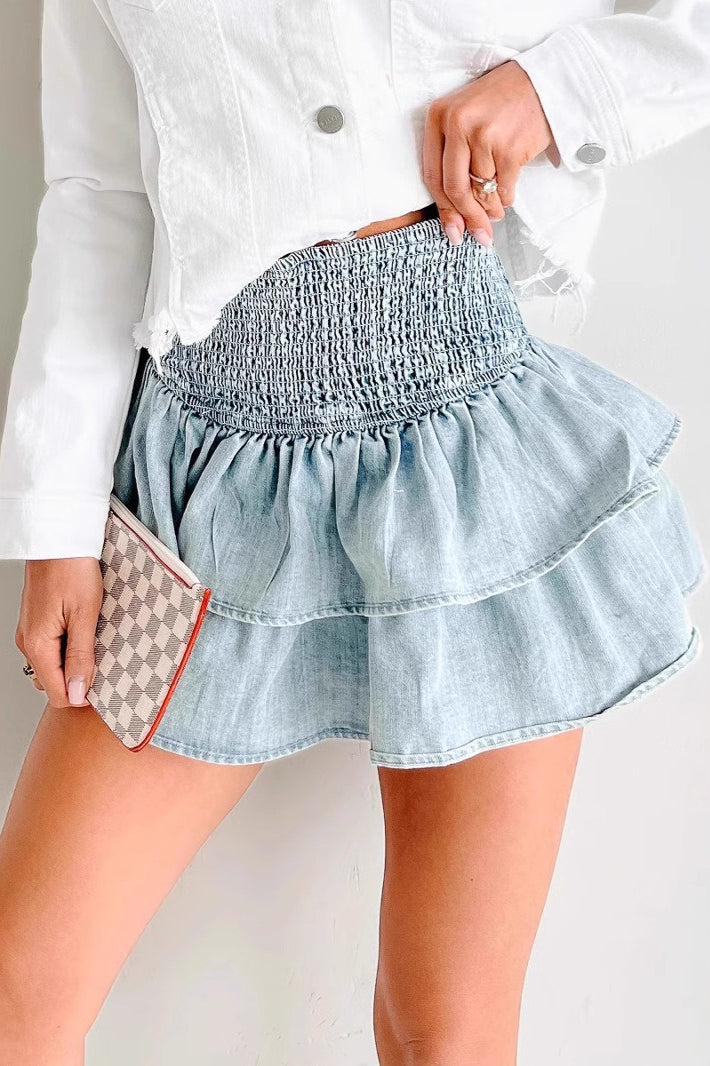 Smocked High Waist Tiered Ruffle Denim Look Mini Skirt