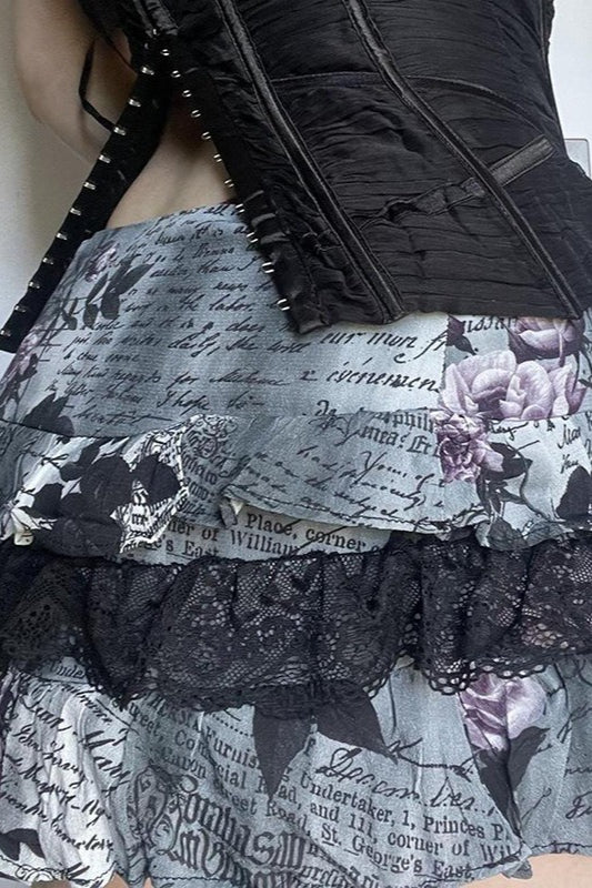 Halloween Gothic Lace Trim Low Waist Ruffled Mini Skirt