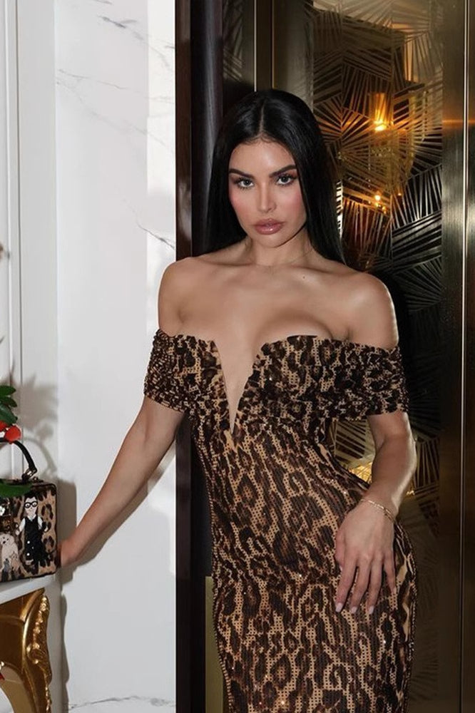 Leopard Print Off Shoulder Cut Out Bodycon Midi Dress