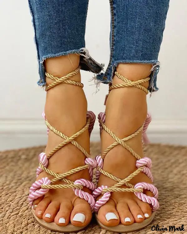 Knotted Lace-Up Sandals with Rope Design Flats