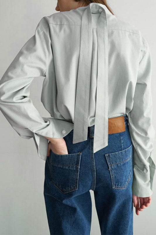 Tie Neck Stand Collar Long Sleeve Split Cuff Button Front Blouse 3