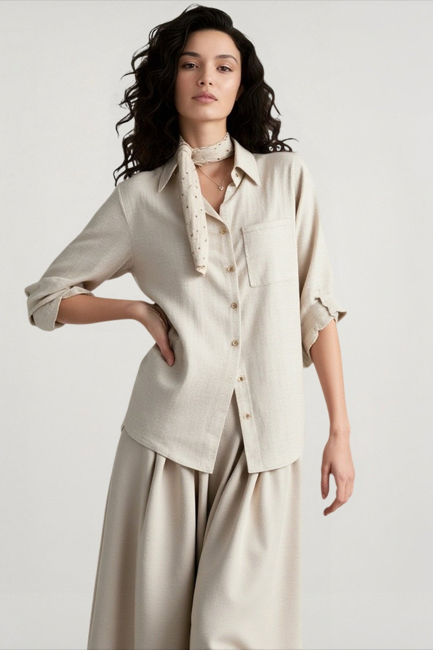 Linen Blend Long Sleeve Blouse