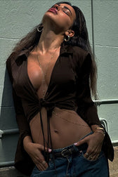 Satin Tie Front Flare Blouse