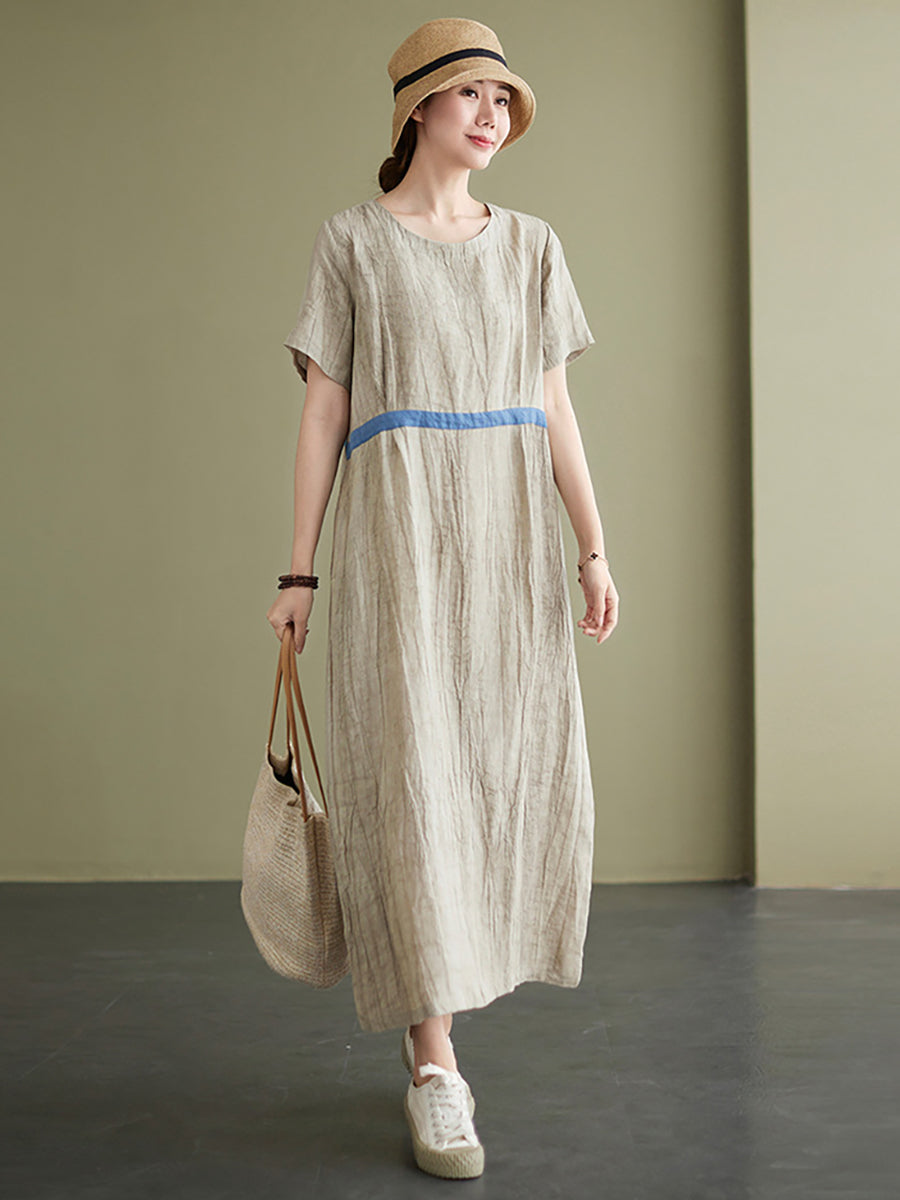 Textured Round Neck Short Sleeve Loose A-Line Maxi Dress