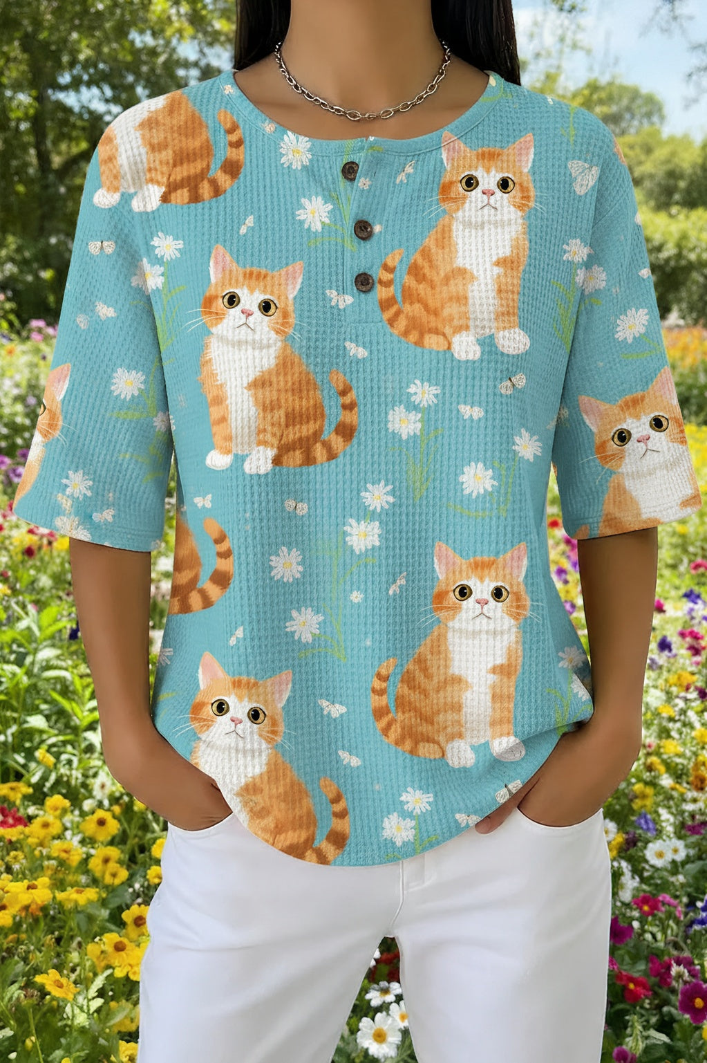 Cat and Daisy Print Waffle Knit Button Henley Top