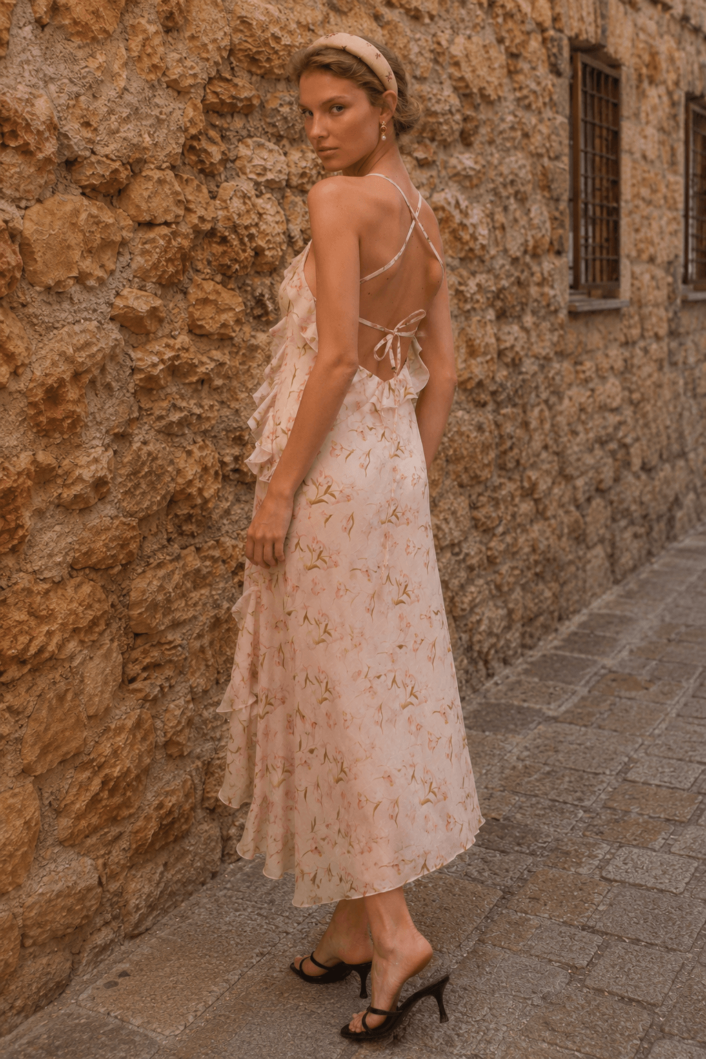Strap Backless Ruffle Floral Dress