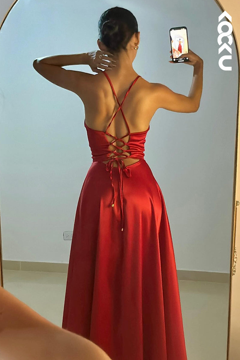 L2874 - Simple & Casual A-Line Spaghetti Criss-Cross Straps Side Slit Holiday Party Prom Dress