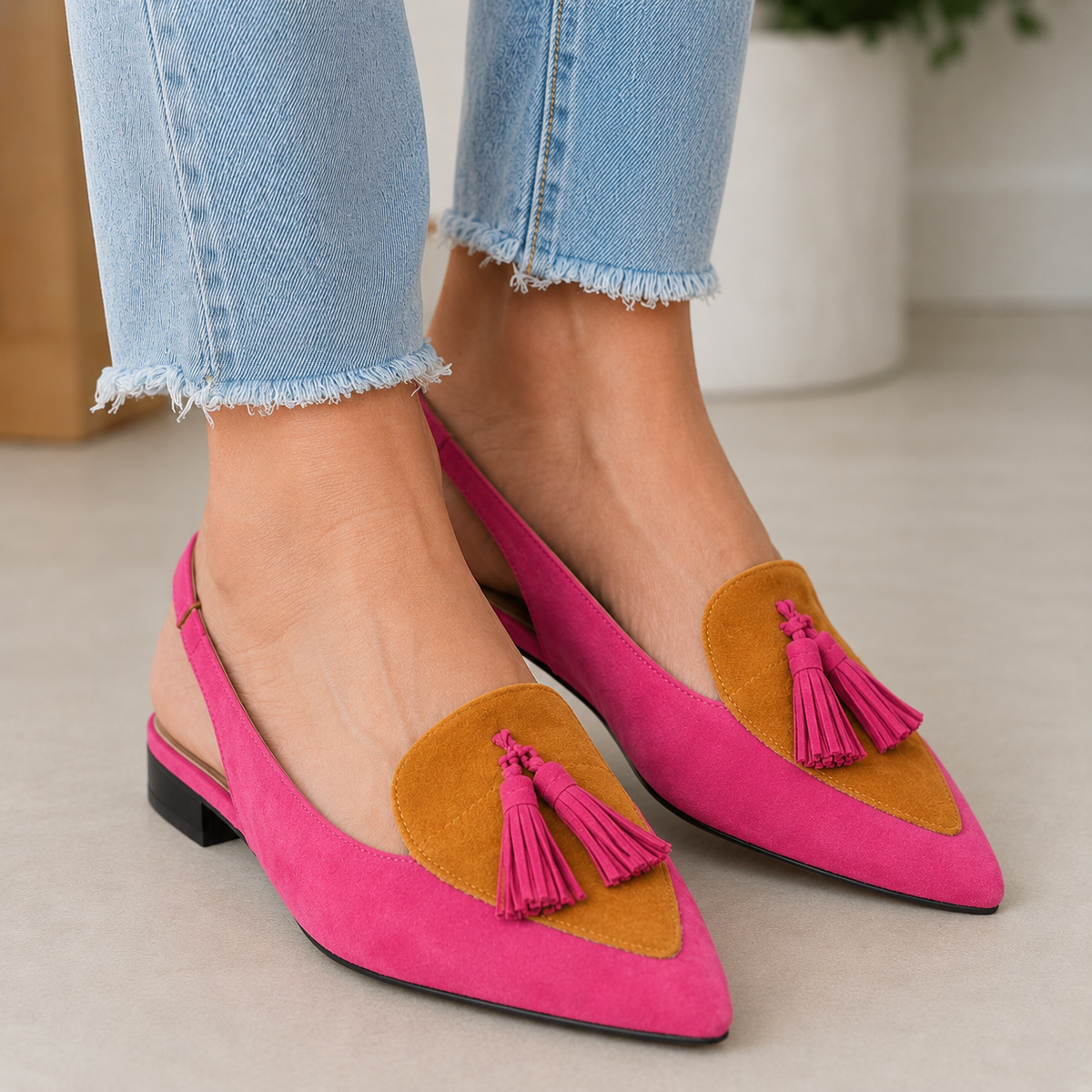 Pointed Toe Leopard Tassel Slingback Flats