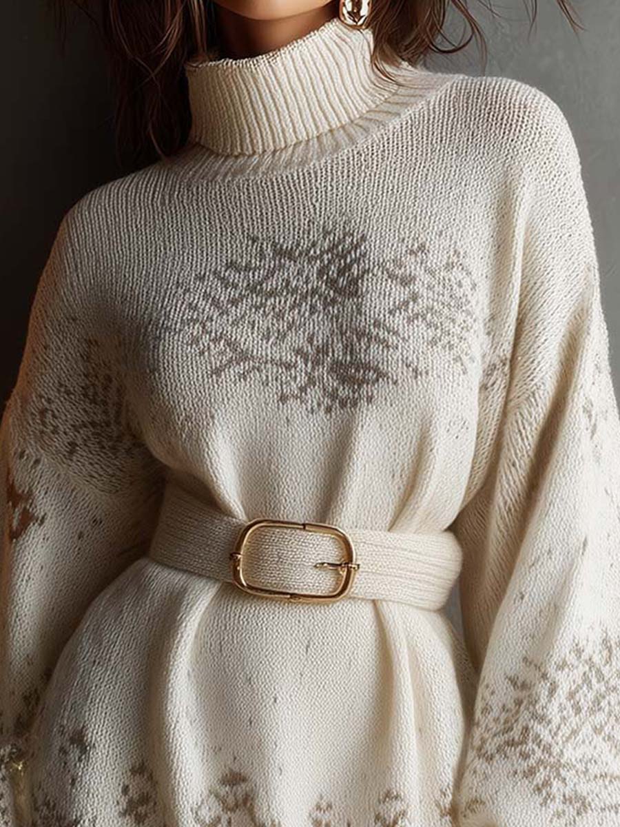 Snowflake Knit Sweater Dress With Belt - FashionAxe