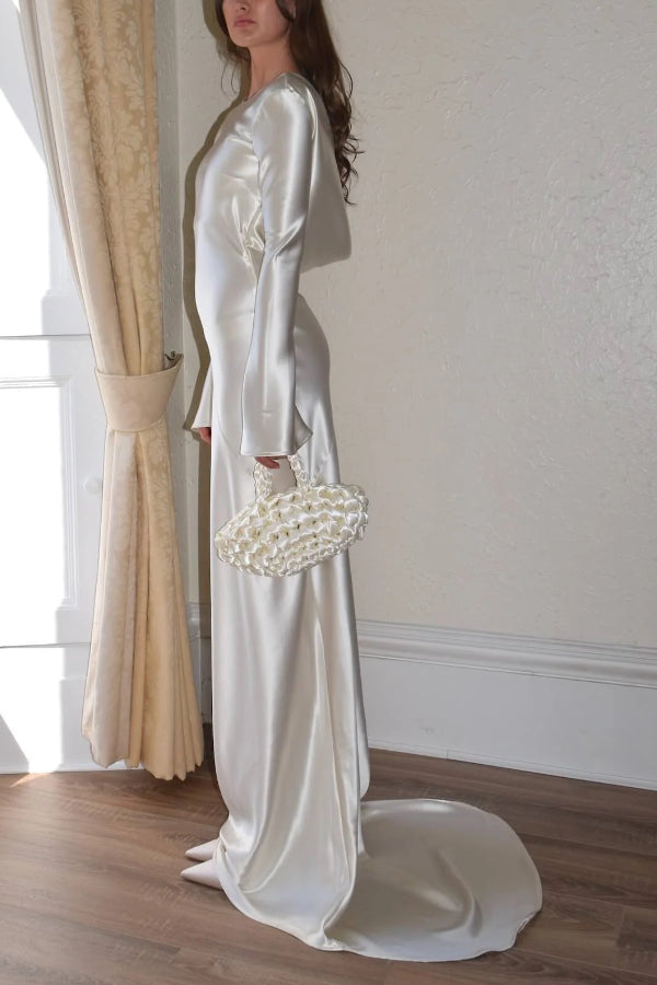 Satin Cowl Back Long Flare Sleeve Maxi Gown with Train 3