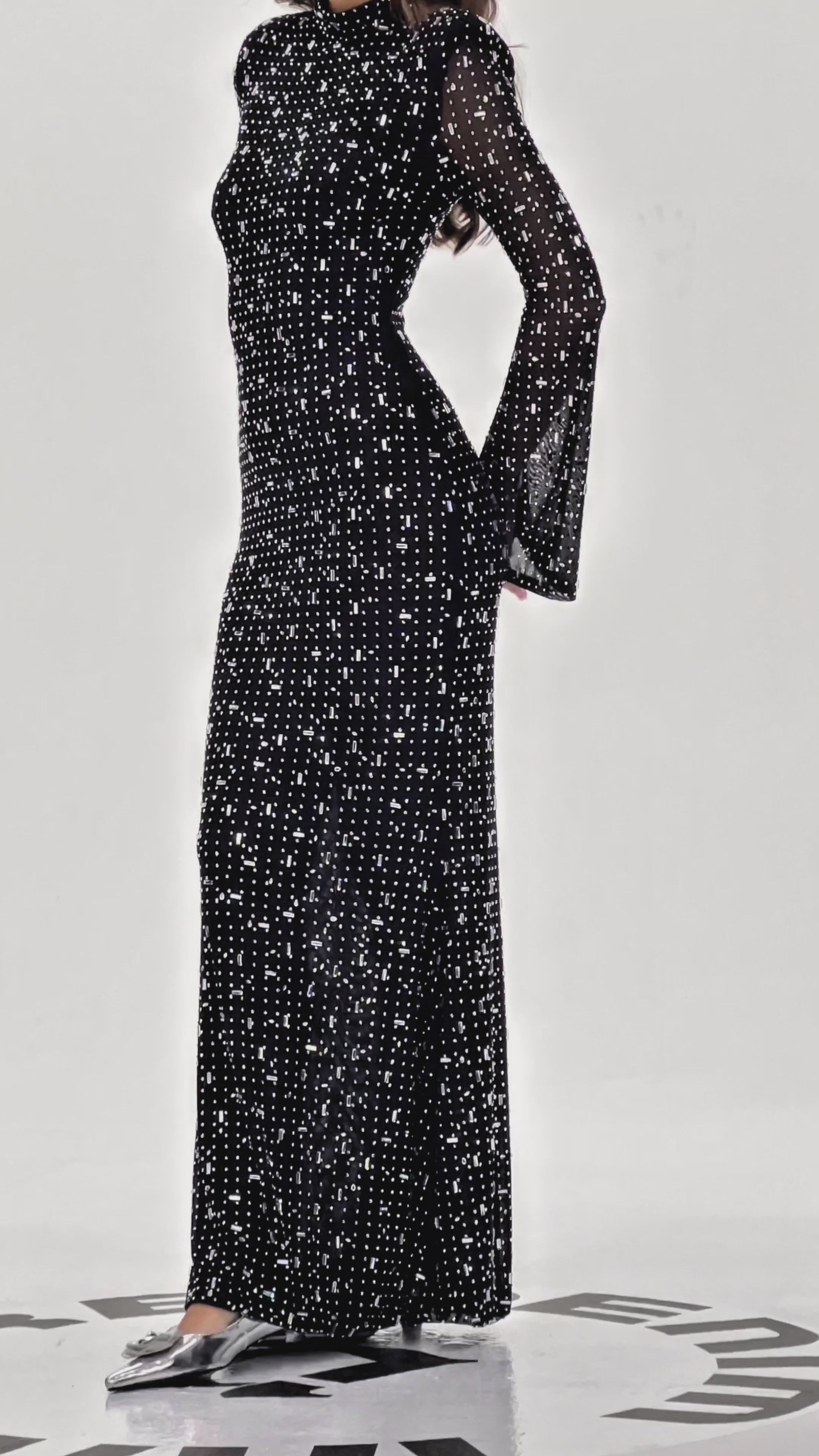 Rhinestone Mesh High Neck Bell Sleeve Bodycon Mermaid Maxi Dress