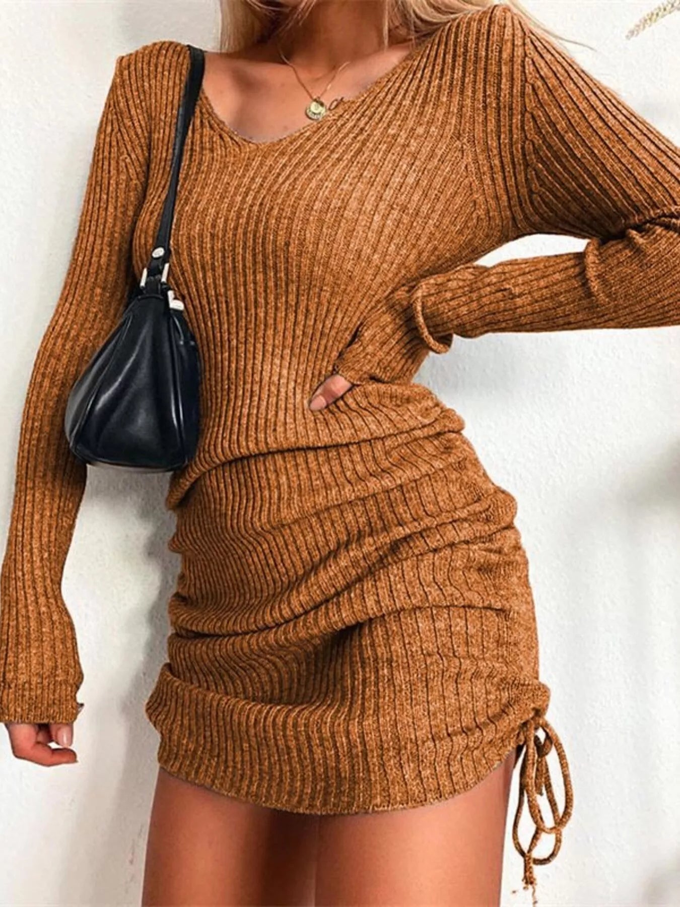Full Size Ribbed Knit Drawstring Bodycon Sweater Dress Plus Size Tan