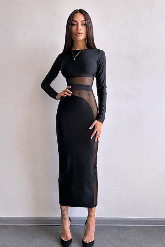 Crew Neck Long Sleeve Sheer Mesh Panel Bodycon Midi Dress