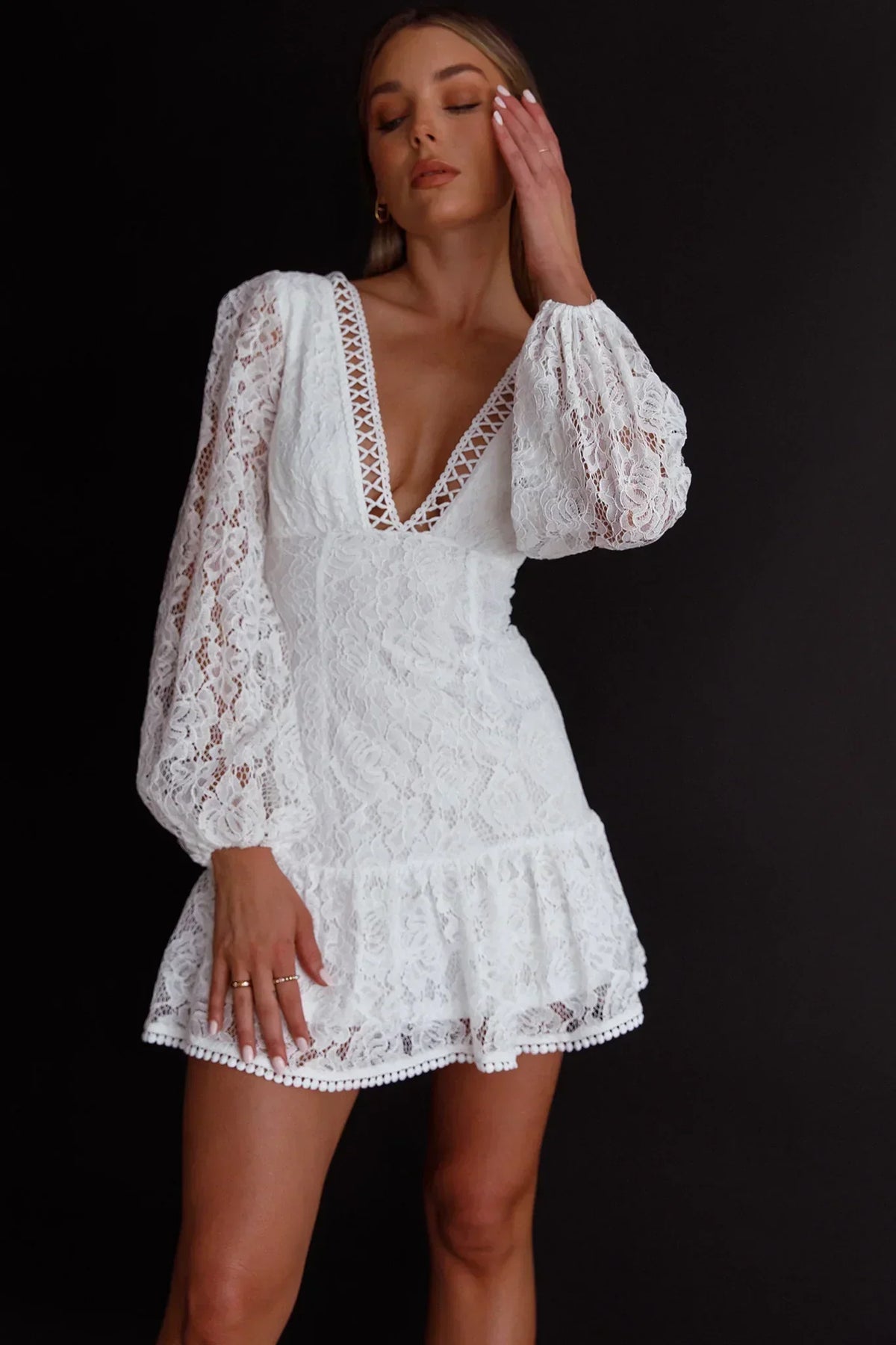 Lace Plunge V-Neck Balloon Sleeve Ruffle Hem Mini Dress 9