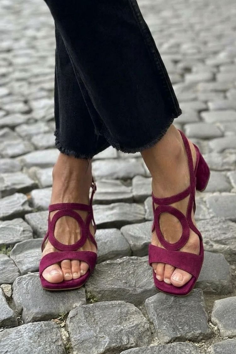 Circle Cut Out Suede Low Block Heel Sandals