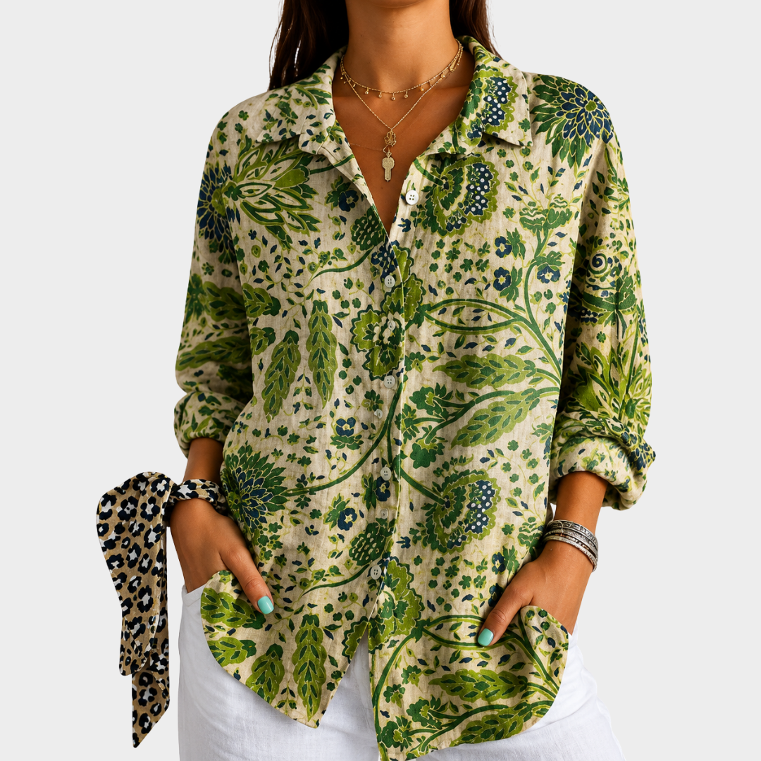 Floral Print Collared Long Sleeve Button Up Blouse
