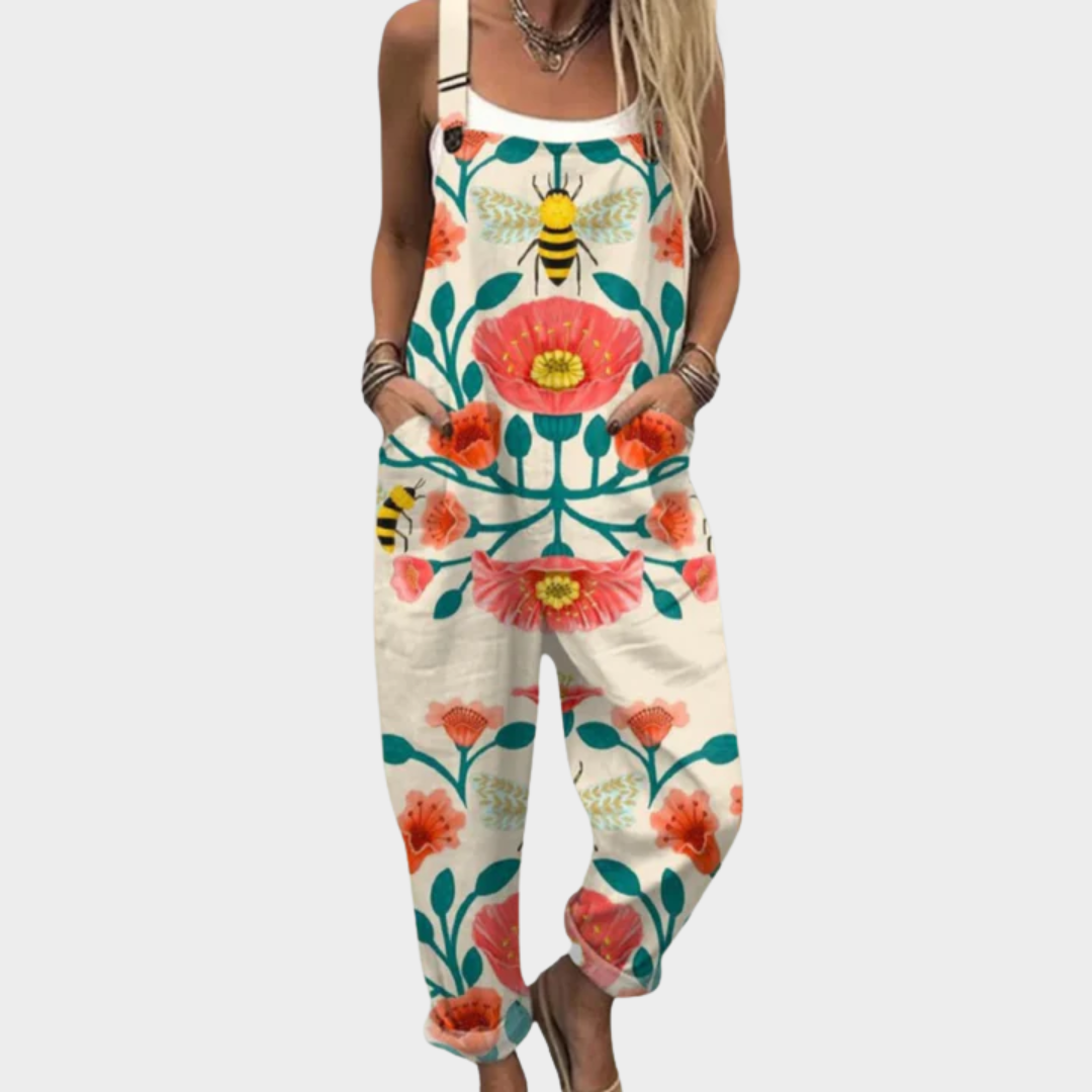 Floral Bee Print Sleeveless Wide Leg Overall Jumpsuit