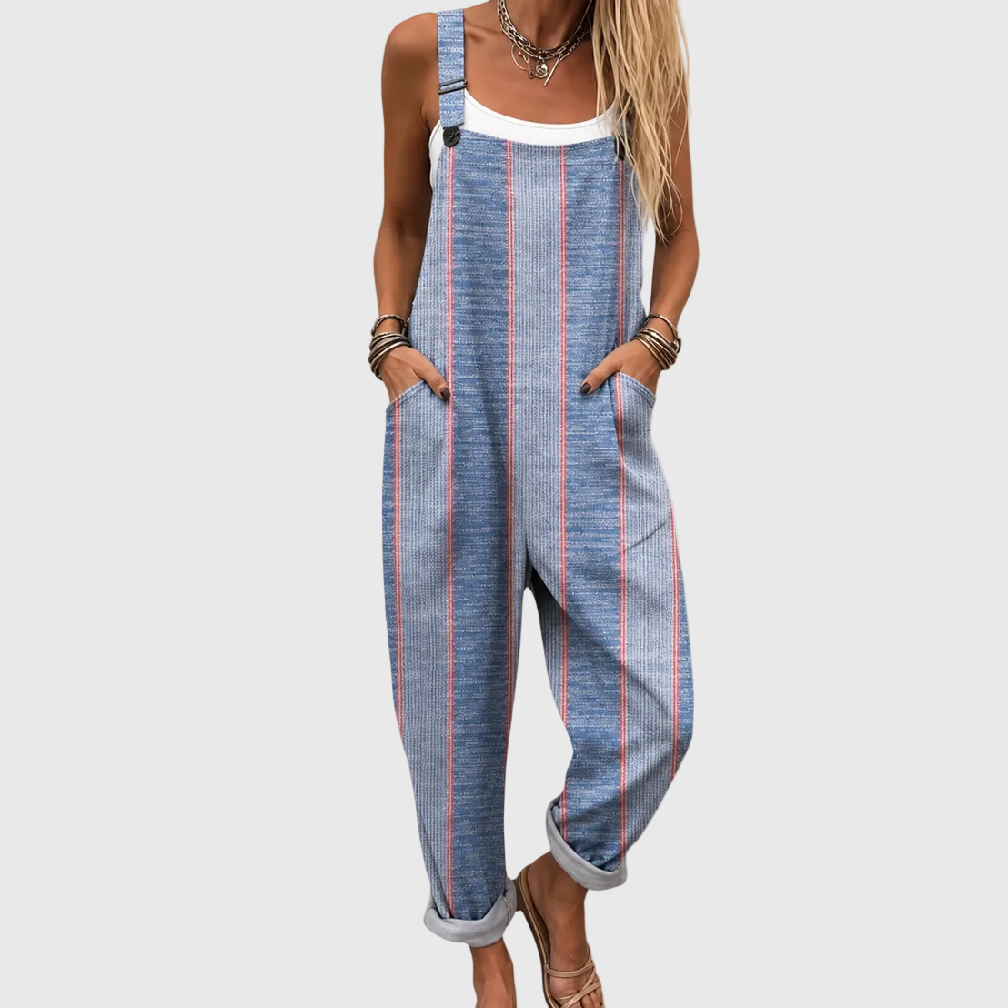Striped Wide Leg Cuffed Pocket Overalls