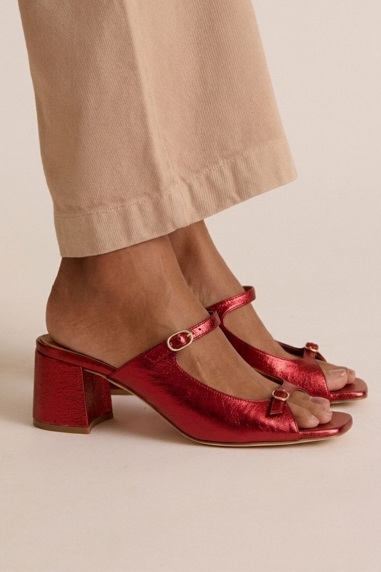 Open Toe T-Strap Contrast Block Heel Mules